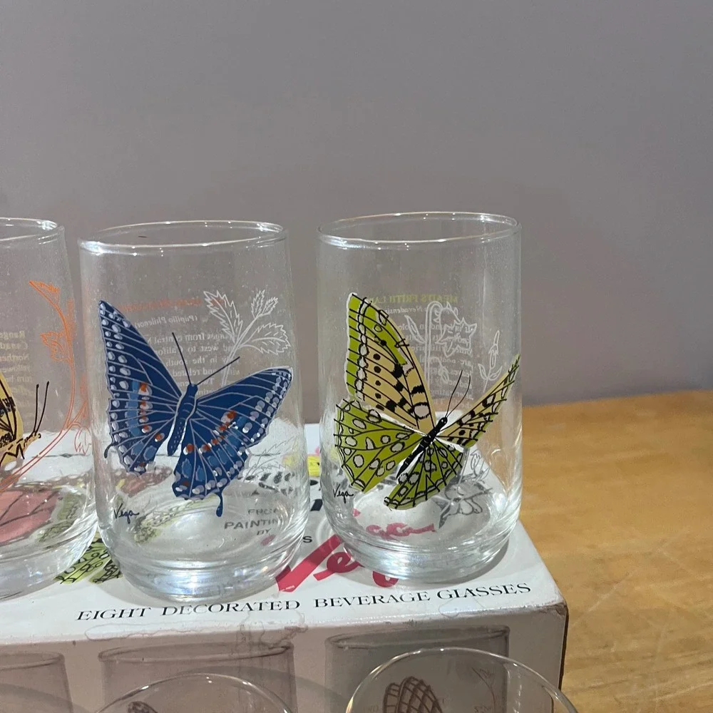 Vtg Brockway‎ Glass Butterfly Series Vega Beverage Glasses Set of 8 MCM 12oz